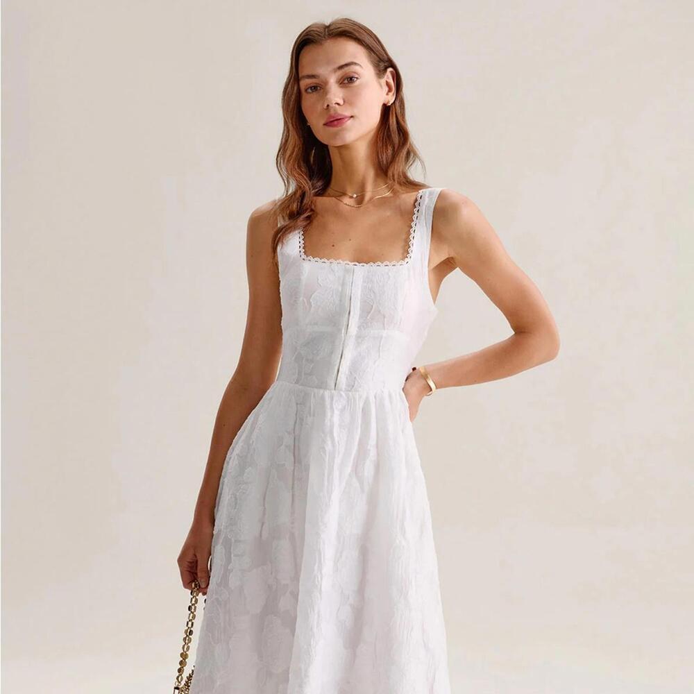 RIHOAS White Jacquard Shirred Slip Midi Dress S - Picture 3 of 6